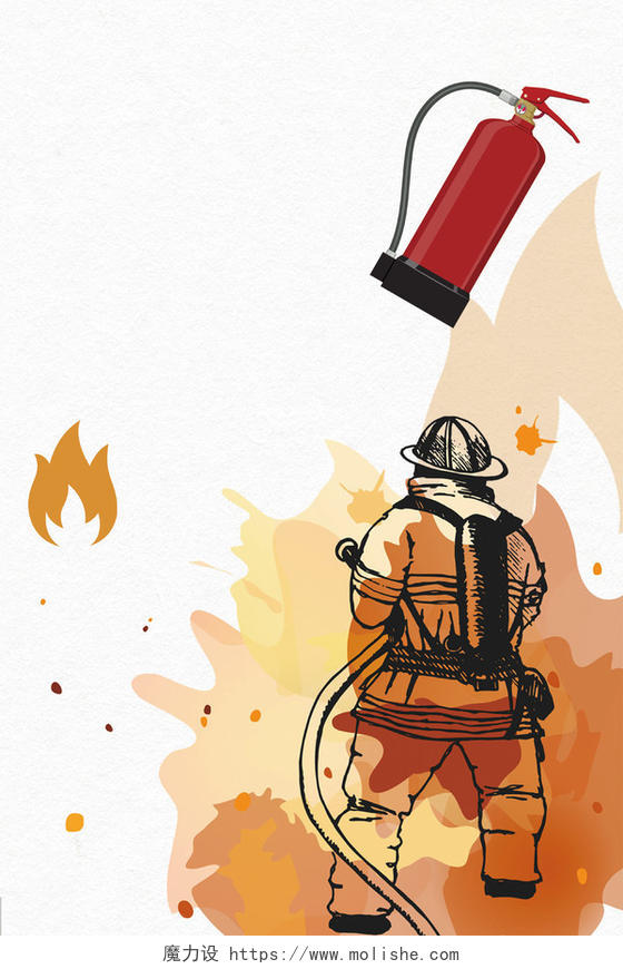  手绘卡通消防员在灭火消防安全标语宣传展板白色背景海报